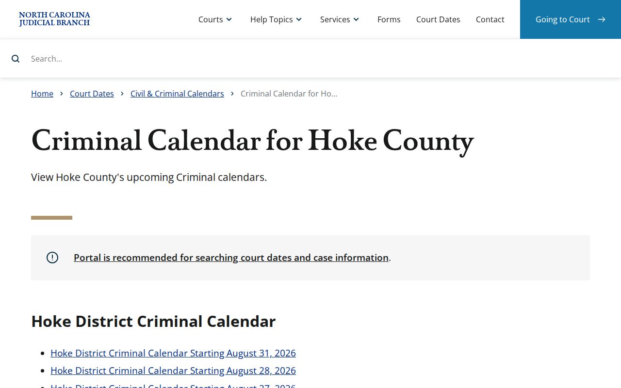 Hoke criminal docket calendar search route